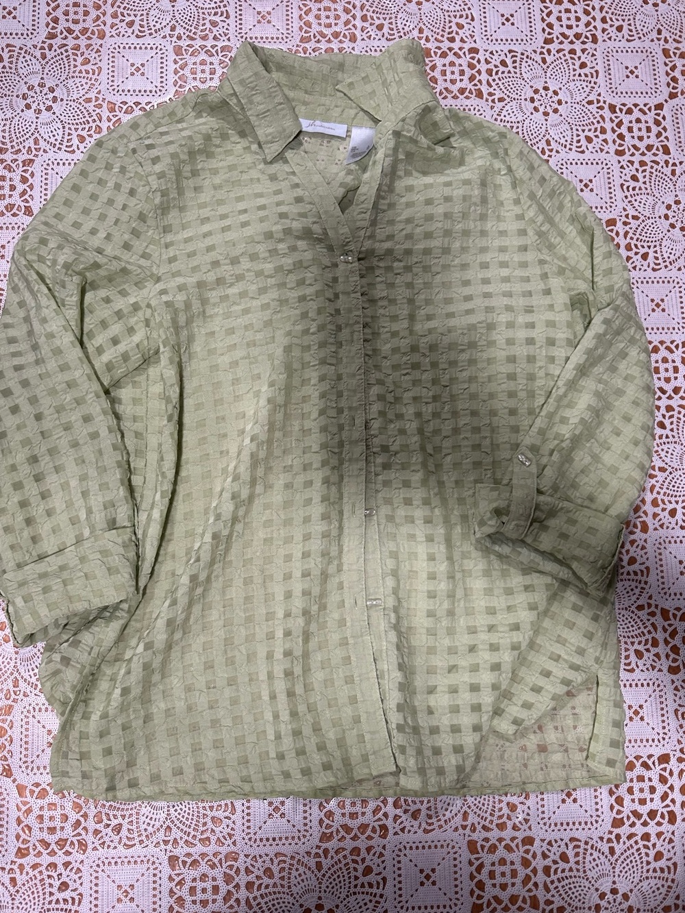 JM Collection Large Sage Green Textured Check Button Front Blouse Roll Tab